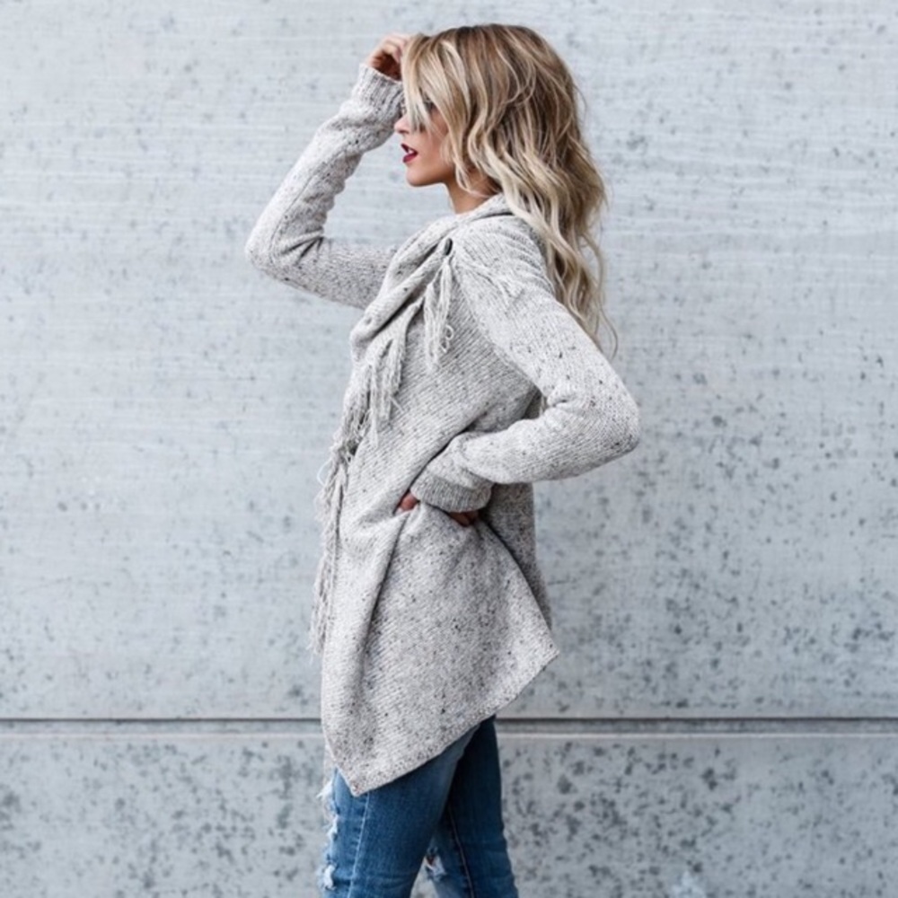 Fringe Trim Wrap Style Marled Cardigan Sweater - Picture 4 of 7